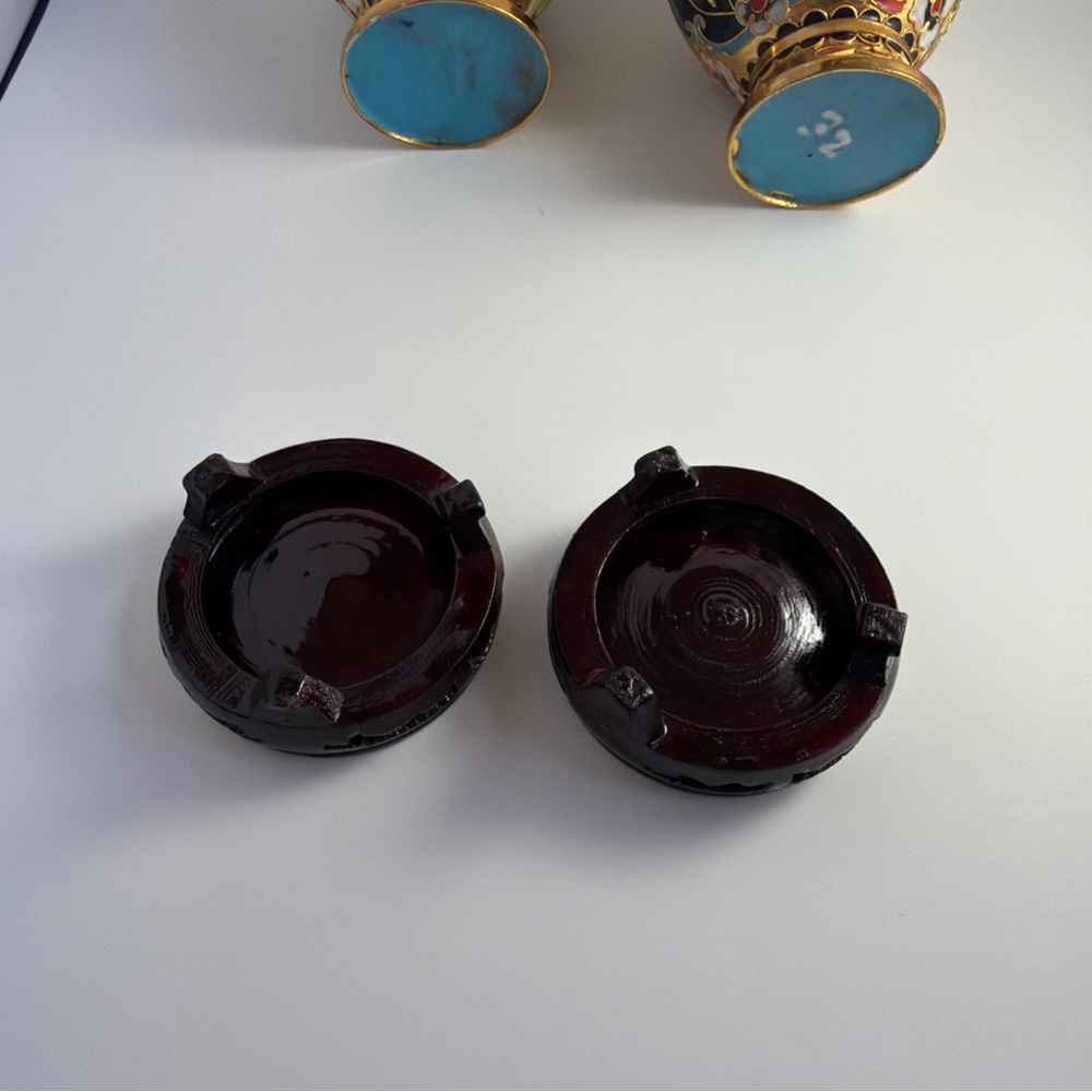 Ornate Chinese Floral Enamel on brass Cloisonné Bud Vase 6” Vintage Set of 2 - Picture 16 of 16